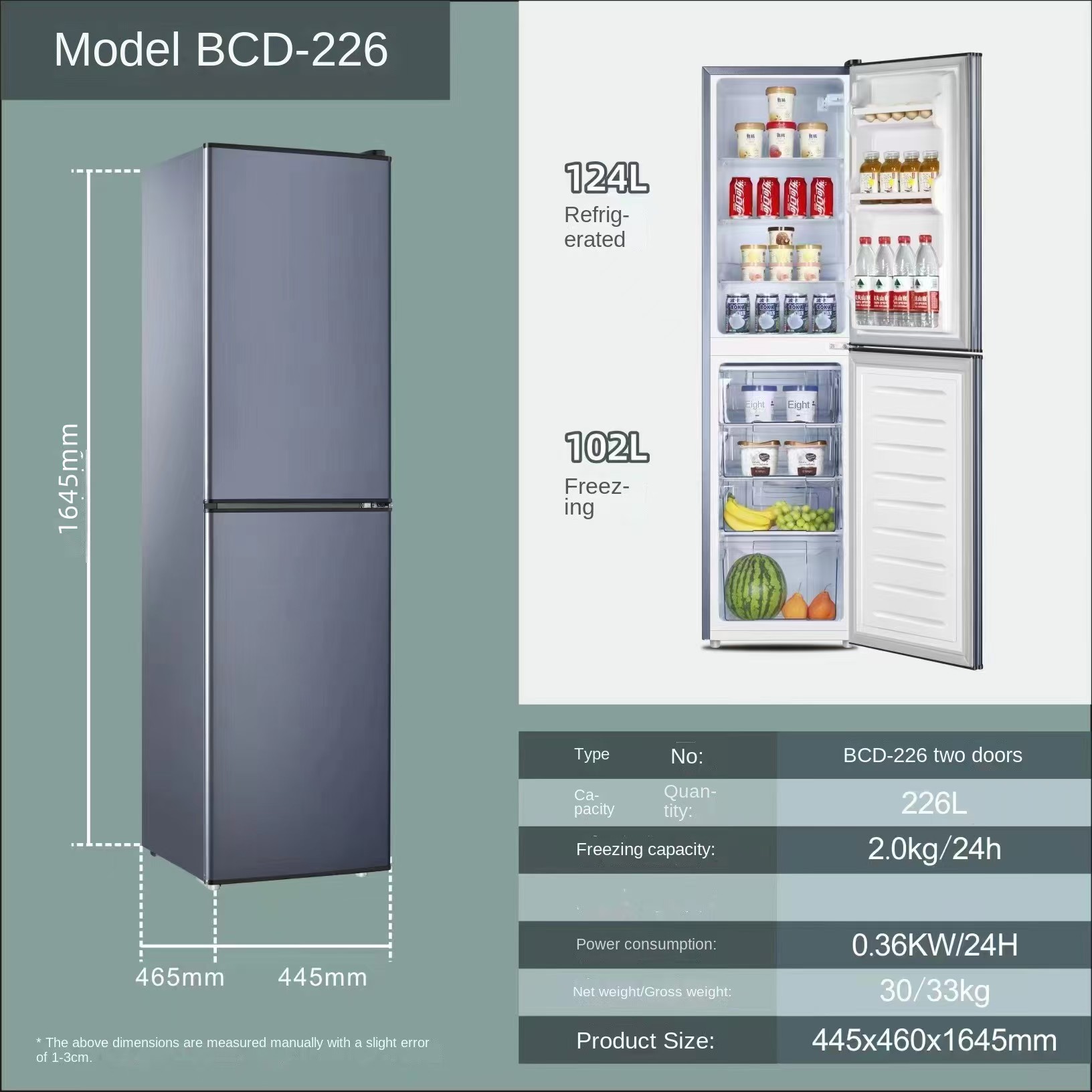 Cross-Border 226L Double-Door Household Dormitory Rental Large-Capacity Refrigerated and Frozen First-Class Refrigerator