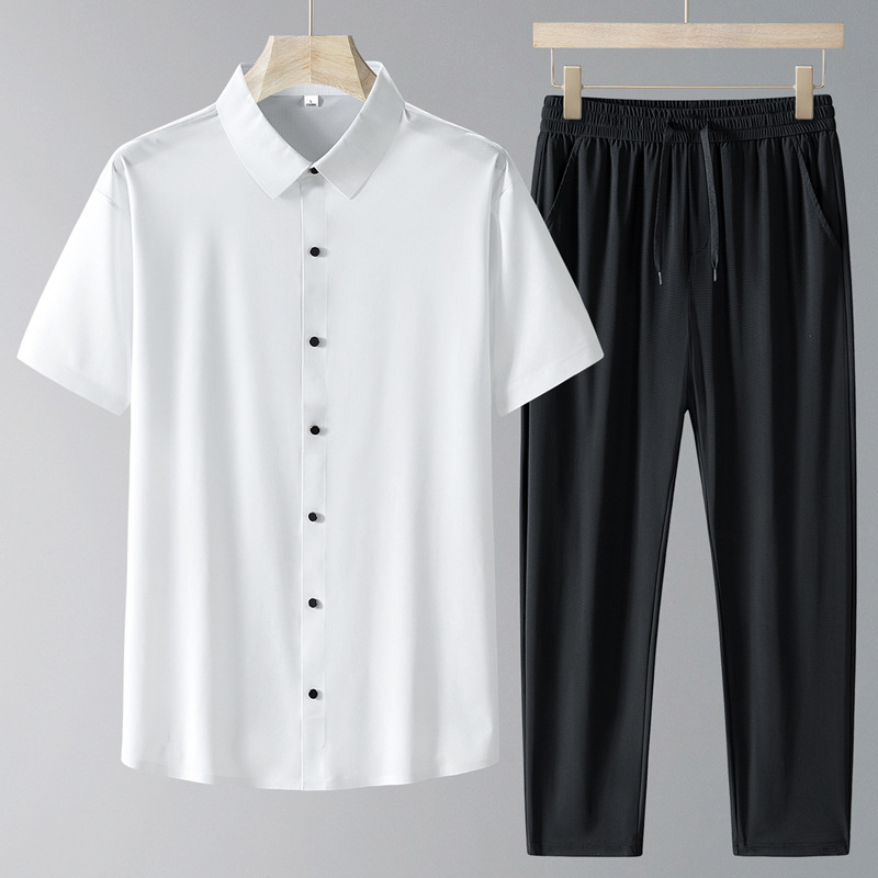 Nuevo traje de verano para hombre, seda de hielo para hombre, ropa de mangas cortas para hombre, camisa de verano para adultos mayores.