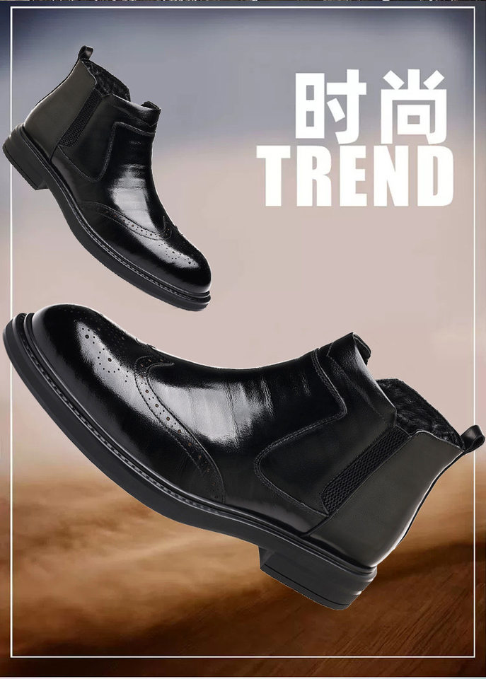 Giày bốt Martin nam da bò thật cổ trung, mũi nhọn, khóa kéo bên hông, gót 3–5 cm — Bốn mùa đen, Lông cừu đen chi tiết 2