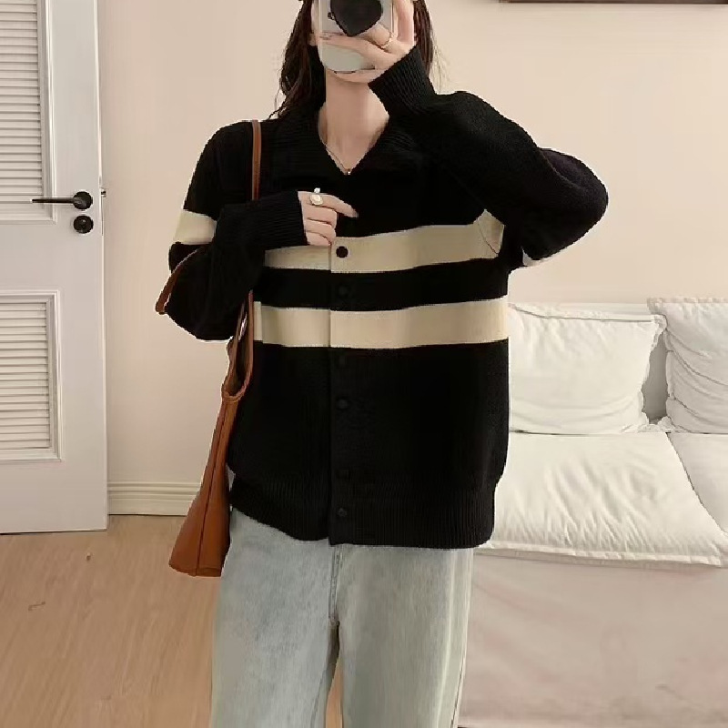 立领撞色条纹针织毛衣开衫女秋冬新款休闲宽松外套跨境针织上衣女|undefined