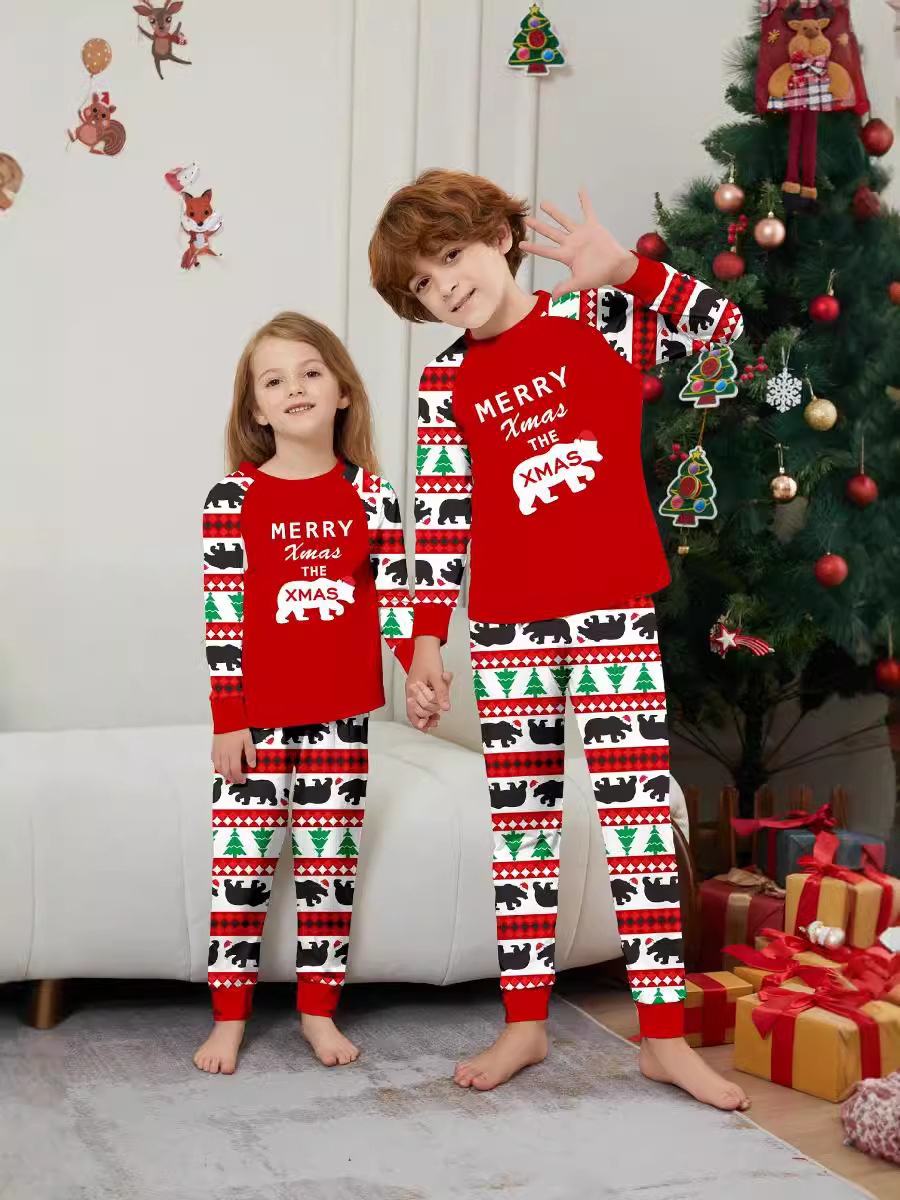 Christmas tree Bear letter stripes Christmas family dress printed home wear_voghion.com