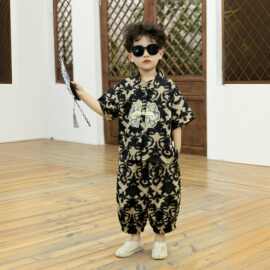 现货带流苏新款儿童国风套装夏季宝宝唐汉服短袖七分裤两件套素雅