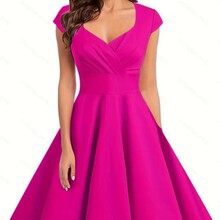 热卖新款复古女装V领半袖收腰纯色大摆连衣裙时尚轻奢优雅