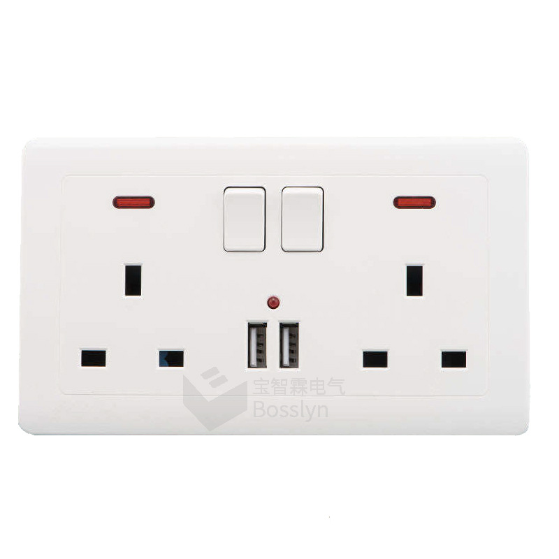 146型英标双联墙壁插座2USB英规充电墙插 二位英式港版暗装插座