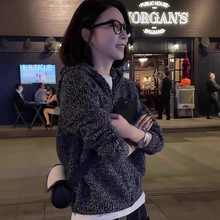 高级感灰色连帽秋冬短款拉链外套100%羊毛外搭开衫女厚实针织上衣