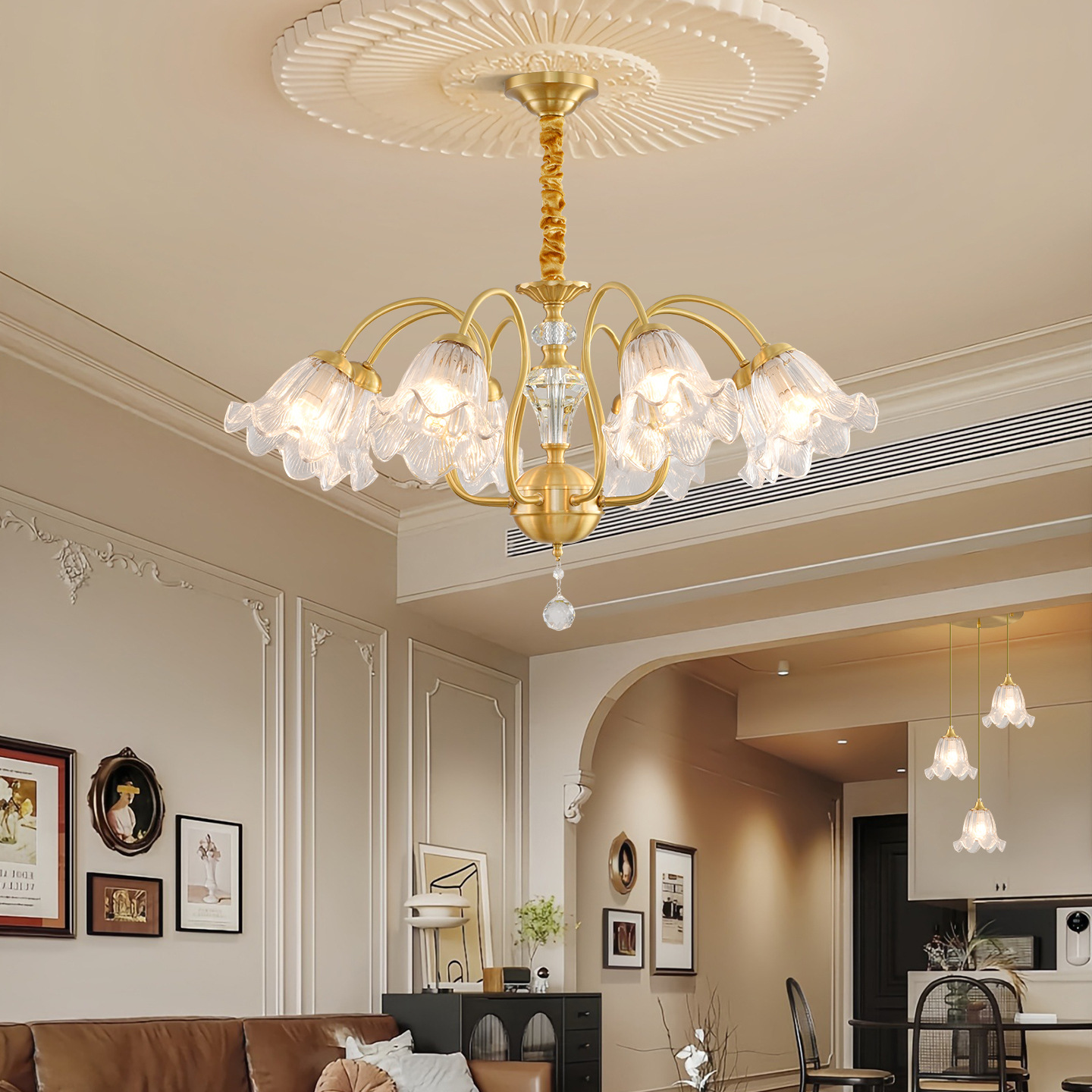 América de bronce sala de estar lujosa luz lujosa atmósfera candelabro flor francesa retro atmósfera romántica creativa lámpara de vestíbulo 413L