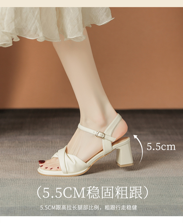 Sandal cao gót nữ quai ngang mũi vuông gót vuông kiểu Pháp — BL376 màu be chi tiết 6