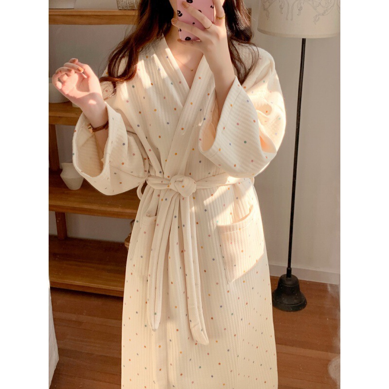 Korean Ins-Style Women's Foreign Trade Autumn and Winter Warm Bathrobe with Silk Cotton Lining, Long Colorful Polka Dot Loungewear in Stock Korean Ins-Style Women's Foreign Trade Autumn and Winter Warm Bathrobe with Silk Cotton Lining, Long Colorful Polka Dot Loungewear in Stock