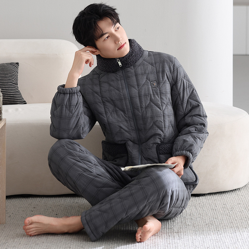 Men's Winter Pajamas, down Quilted Three-Layer Fleece-Lined and Thickeneded 2025 New Style Youth Warm and Wearable Home Clothes