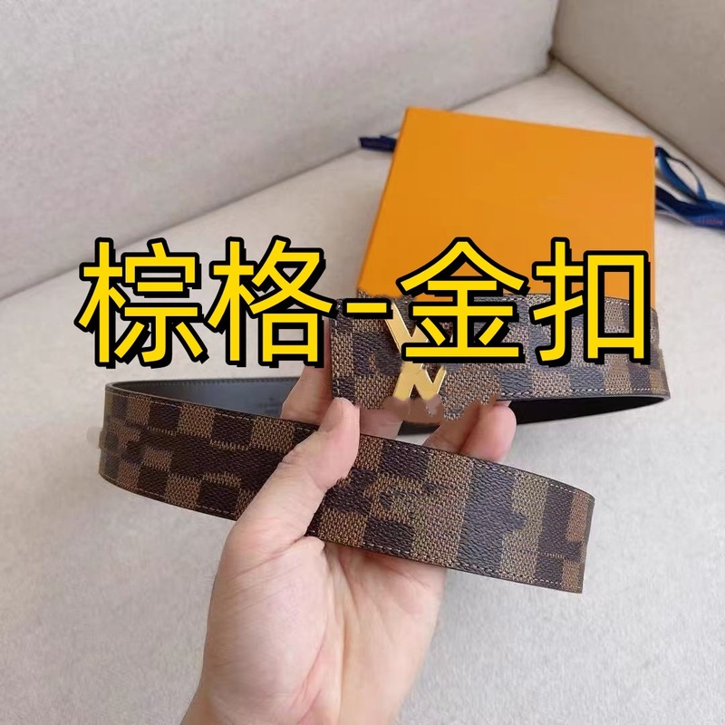 广州男士皮带男款韩版潮休闲百搭韩系平滑扣字母格纹个性裤带腰带|undefined