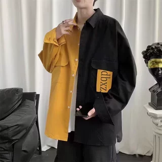 异色拼接 长袖四季潮流衬衫 男百搭痞帅寸衫港风日系宽松衬衣外套