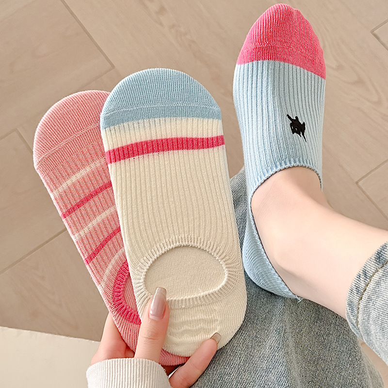 隱形襪女淺口防滑不掉跟可愛粉色船襪簡約條紋襪子夏季超薄棉襪