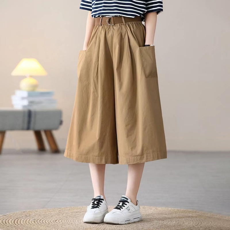2026 Summer Artistic Casual Cotton Skirt Pants for Women with Elastic Waistband, Loose Fit, Slimming, Versatile, Seven-Quarter Wide-Leg Pants
