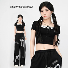 潮牌爵士舞撞色蕾丝边方领短袖t恤修身显瘦百搭短款减龄洋气小衫