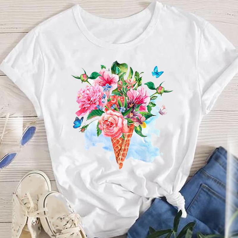 Frau T-shirt Kurzarm T-shirts Drucken Mode Blume display picture 7