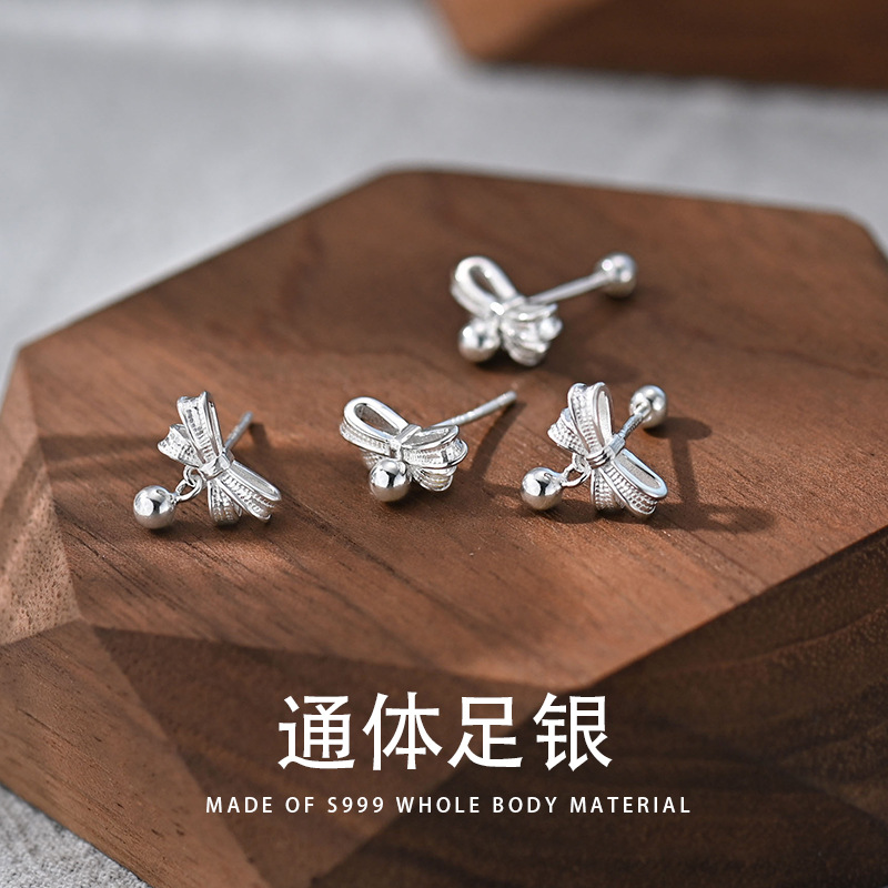 S999足銀蝴蝶結耳釘小眾設計感氣質耳飾純銀耳釘簡約銀飾新款批發