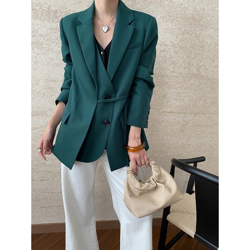 Sinan High-End Work Clothing Elegant Lace-Up Multi-Wear Design Emerald Loose Blazer Sn6417