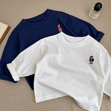纯棉儿童t恤长袖上衣服2025潮牌刺绣小熊百搭中小童装打底衫春秋
