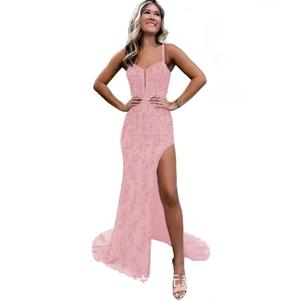 Dammekleeder nei grouss Gréisst Pailletten Fëschschwanz schlank laang Schlitz Oweskleed_voghion.com