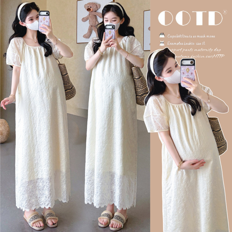 Maternity Dress 2026 Summer Thin Lace Square Neck Gentle Style Loose Slimming Tummy-Covering Elegant Long Dress