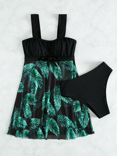 2025 Tropical Print Tankini Two-Piece Set, Pleated Strappy Swimsuit, Versatile European and American Style Sexy Mesh Swimsuit for Women