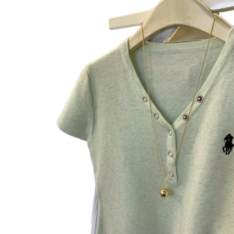 zdm プラスサイズ 150kg 個別におすすめ〜ポニー刺繍半袖 Tシャツレディース夏ボタン V ネックニットトップスイン|undefined