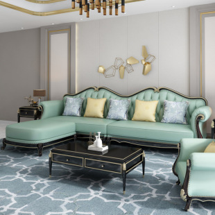 American-Style Light Luxury High-End Genuine Leather Sofa for Large Households, European-Style Solid Wood Sofa for Country-Style Small Villas, Living Room Corner Sofa
