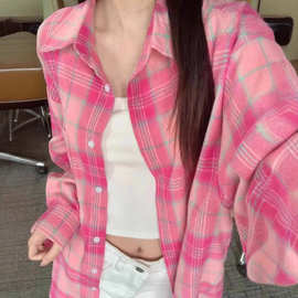 跨境粉色格子衬衫外套女早春夏季宽松慵懒风长袖衬衣气质chic上衣