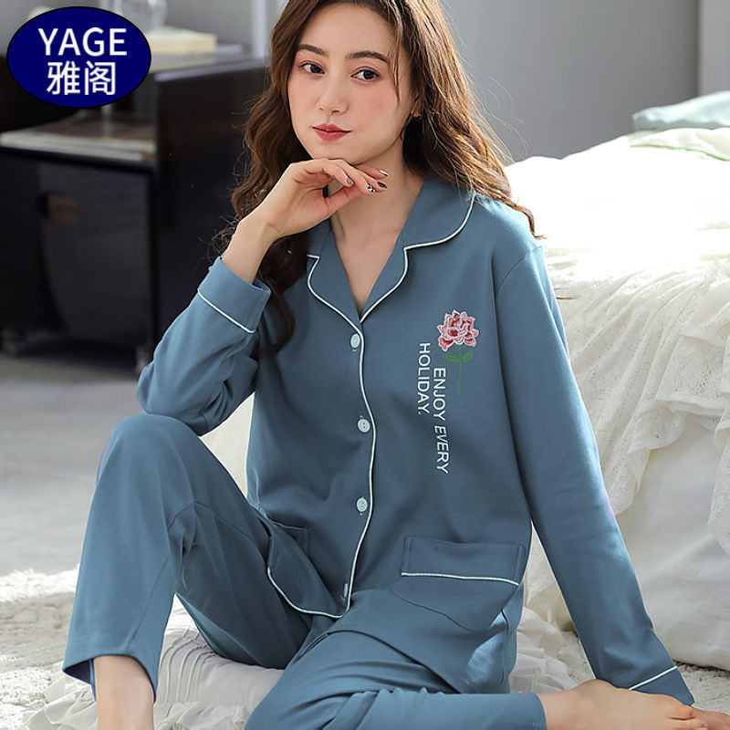 Pijamas de algodón puro Primavera y otoño de las mujeres de manga larga más tamaño cardigan traje de mediana edad y ancianos madre pijamas Otoño e Invierno