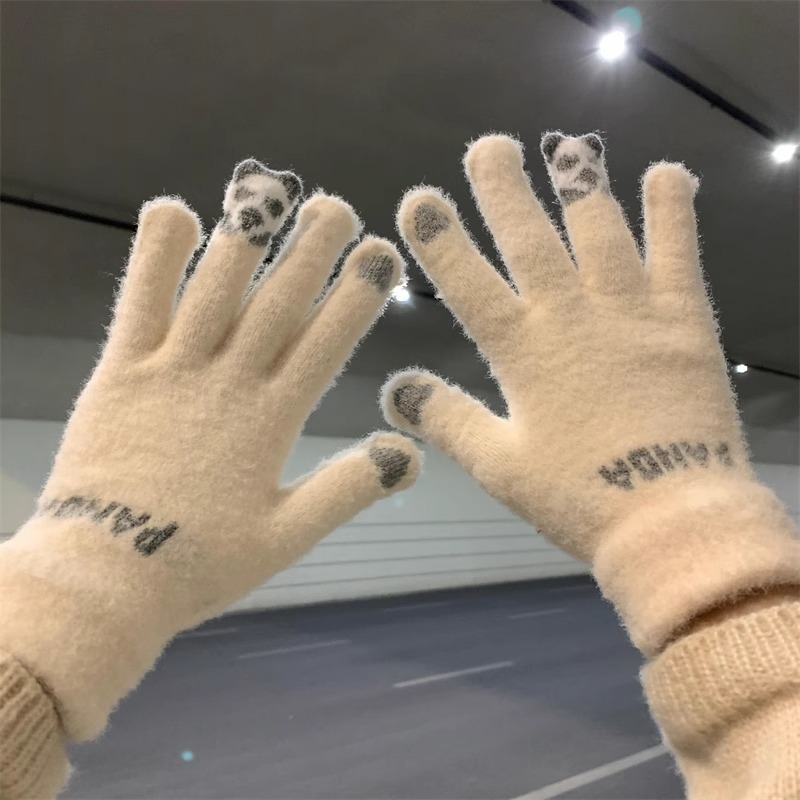 小熊猫可爱加绒加厚手套女ins保暖学生骑车防风防寒可触屏冬季男|undefined