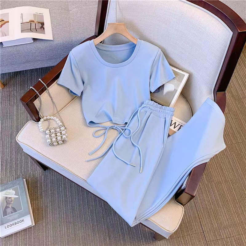 2023 sports suit female summer fashion short-sleeved T-shirt high waist long pants Net red fried street two-piece tide