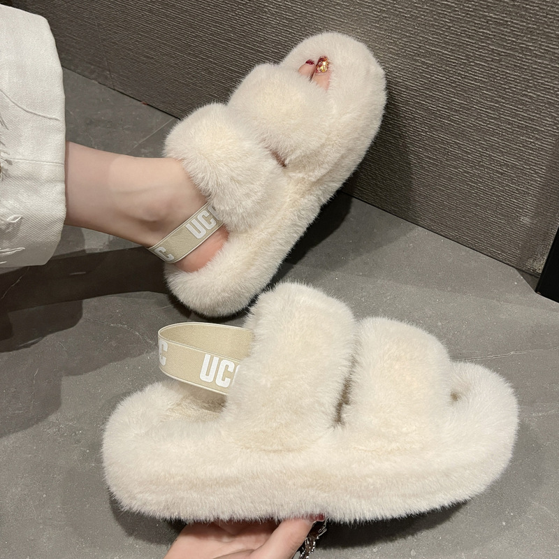 Thick-Soled Furry Shoes for Women, New Korean Style, Elastic Band Furry Shoes for Two Wear, Soft-Soled Outer Wear, Parallel Bars, Home Slippers
