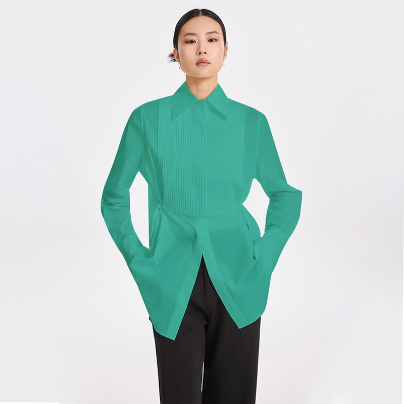 Long Shirt for Women, Guangzhou Thirteen Lines Original Accordion Pleated Design Niche Butt-Covering Green Cotton Top Long Shirt for Women, Guangzhou Thirteen Lines Original Accordion Pleated Design Niche Butt-Covering Green Cotton Top