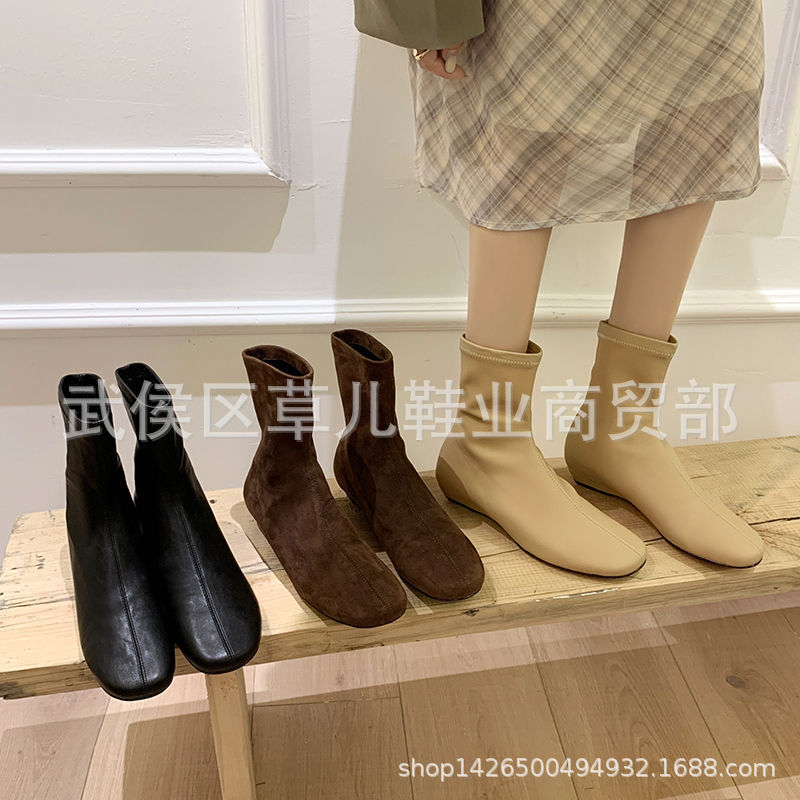内增高瘦瘦靴女弹力靴 秋冬新款 圆头平跟套筒显瘦弹力短靴女40码|undefined
