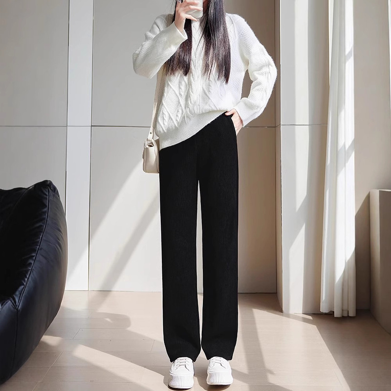 Narrow Winter fleece-lined Chenille Wide Leg Pants Women's Small High Waist Dapdown Elastoelastic Waist Straight Trousers Pinstripe