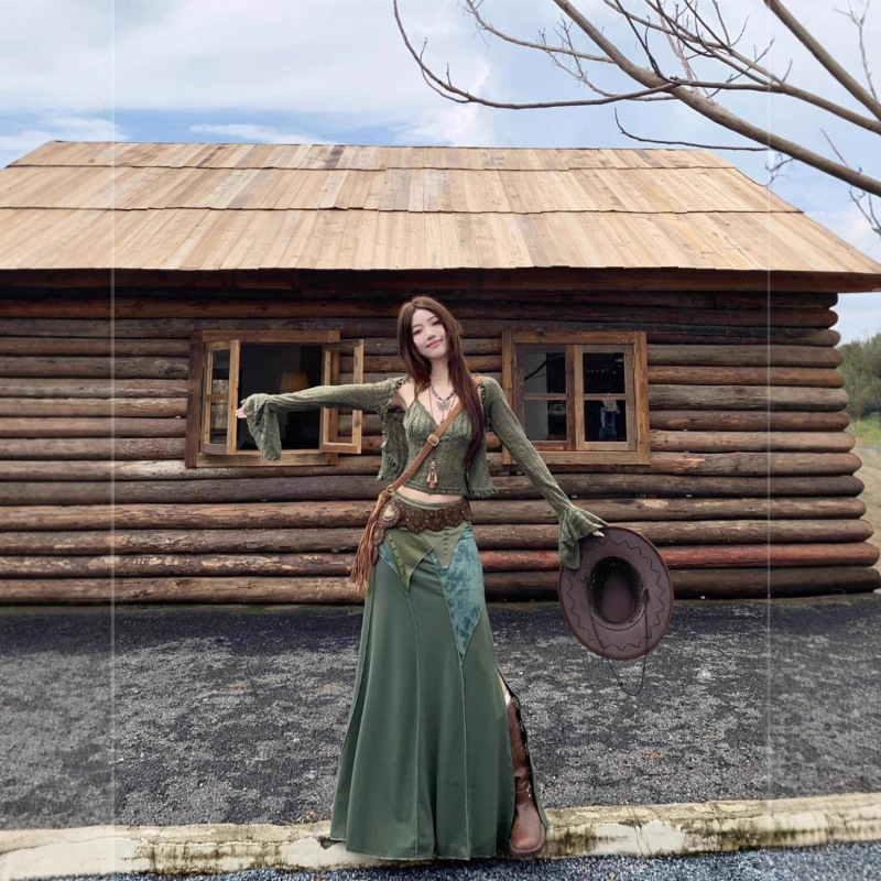 森系复古吊带喇叭袖开衫拼接辣妹半身裙女2025秋季新款时尚套装潮|undefined