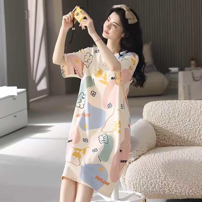 Nightdress Women's Summer Short-sleeved Mid-length dress Casual Cartoon plus size Pajamas Women's Home Clothes 2025 New