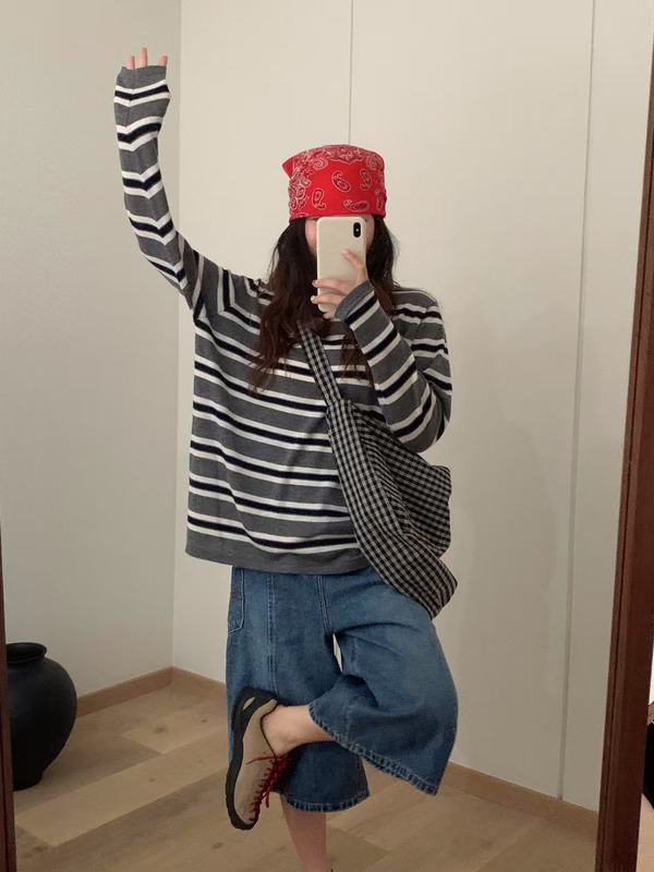 韩系休闲条纹美式复古宽松6羊毛针织衫秋季百搭女装G1425|undefined