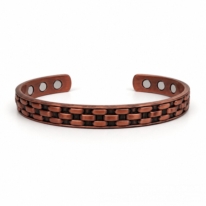 Vintage red copper open cuff bracelet for men, featuring a zinc alloy woven texture, a simple design, and adjustable sizing, making it a versatile everyday accessory