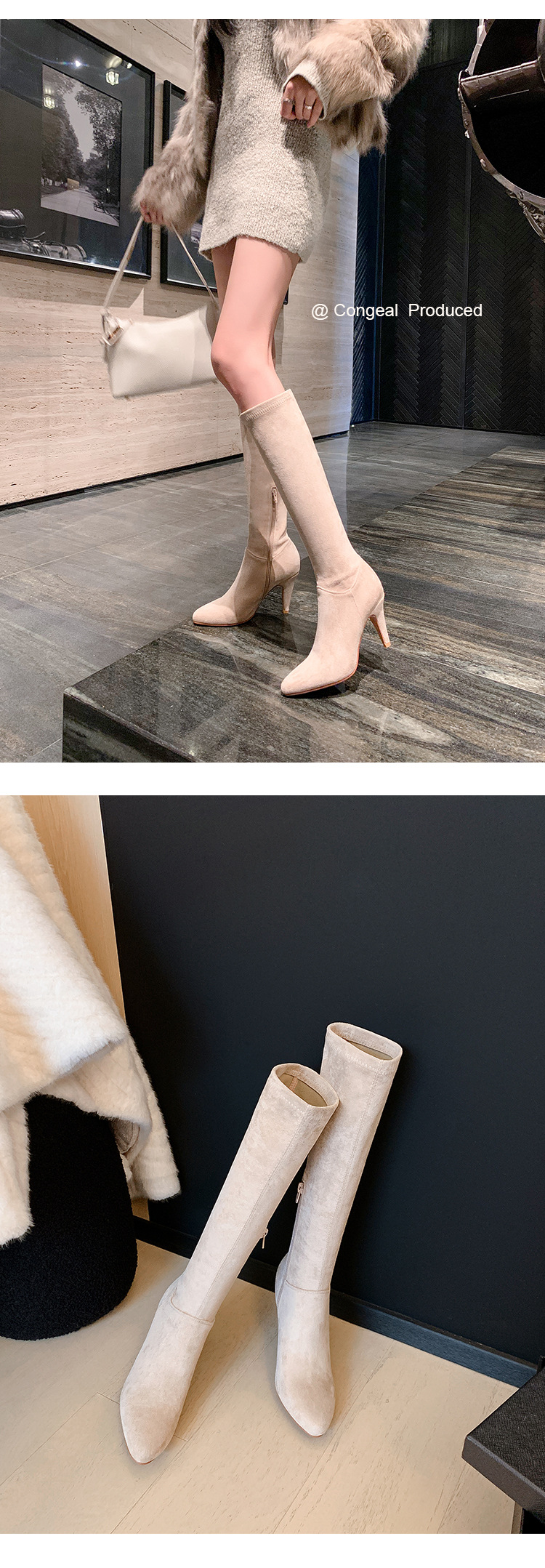 Boot nữ cổ cao trên gối mũi nhọn gót cao 9 cm chất da lộn co giãn — Lớp lót nhung tiêu chuẩn màu đen trên đầu gối, Lớp lót nhung lớn màu mơ trên đầu gối, Giày bốt cao cấp lót nhung tiêu chuẩn màu mơ, Lớp lót nhung đen trên đầu gối chi tiết 17
