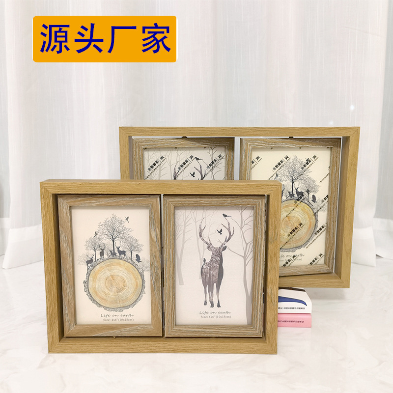 Factory direct sales two-piece rotating photo frame creative ornaments personalized table decoration wooden photo frame solid wood photo frame table