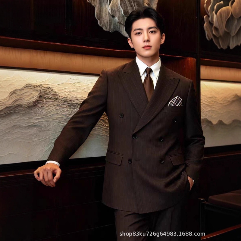 Brocade High-End Double-Breasted Slim Suit British Style Classy Business Men's Suit Groom Wedding Engagement Suit