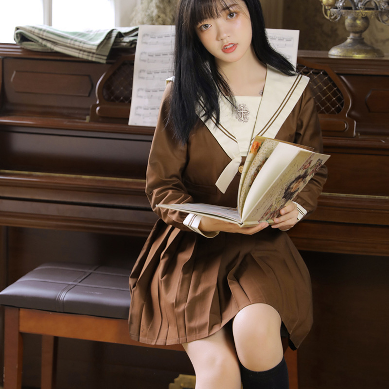 Ivory yellow Orthodox JK uniform Japanese navy style soft girl embroidered class uniform sailor uniform school uniform college style suit