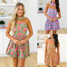 亚马逊新款女碎花抹胸连衣裙休闲沙滩打揽连衣裙短裙+围巾