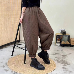 2024 Winter Korean Style Loose Distinctive Retro Style Rhombus Plus Cotton Stretch Waist Harlan Pants All-match Warm Cotton Pants for Women