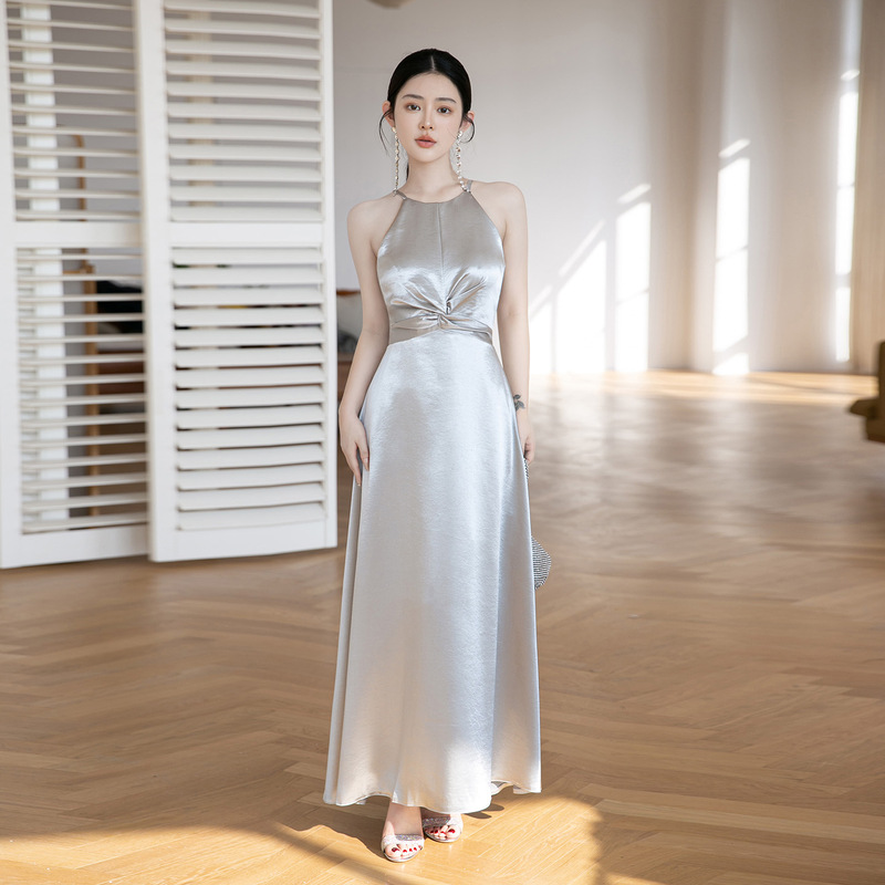 High-End Slimming Gown, Silver Satin Bridesmaid Dress, Niche High-End Sisterhood Dress, Bridesmaid Group Long Dress