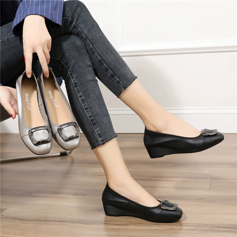 Spring and autumn leather single shoes Mom shoes soft soles women's shoes comfortable slope heel single shoes 2075 2075