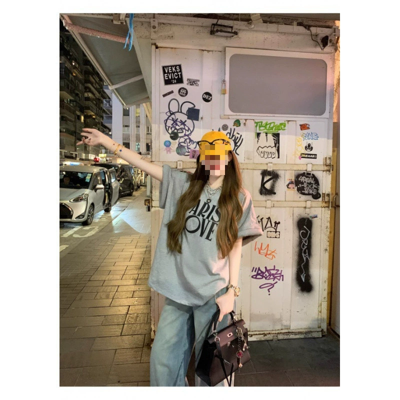 YS8 женская футболка с короткими рукавами и французским принтом в ленивом стиле, летняя свободная футболка для похудения с круглым вырезом, универсальный топ для уменьшения возраста, корейский