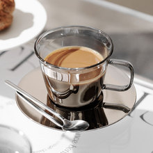 玻璃咖啡杯杯碟套装 复古轻奢烟灰色透明咖啡杯下午茶杯杯具带勺