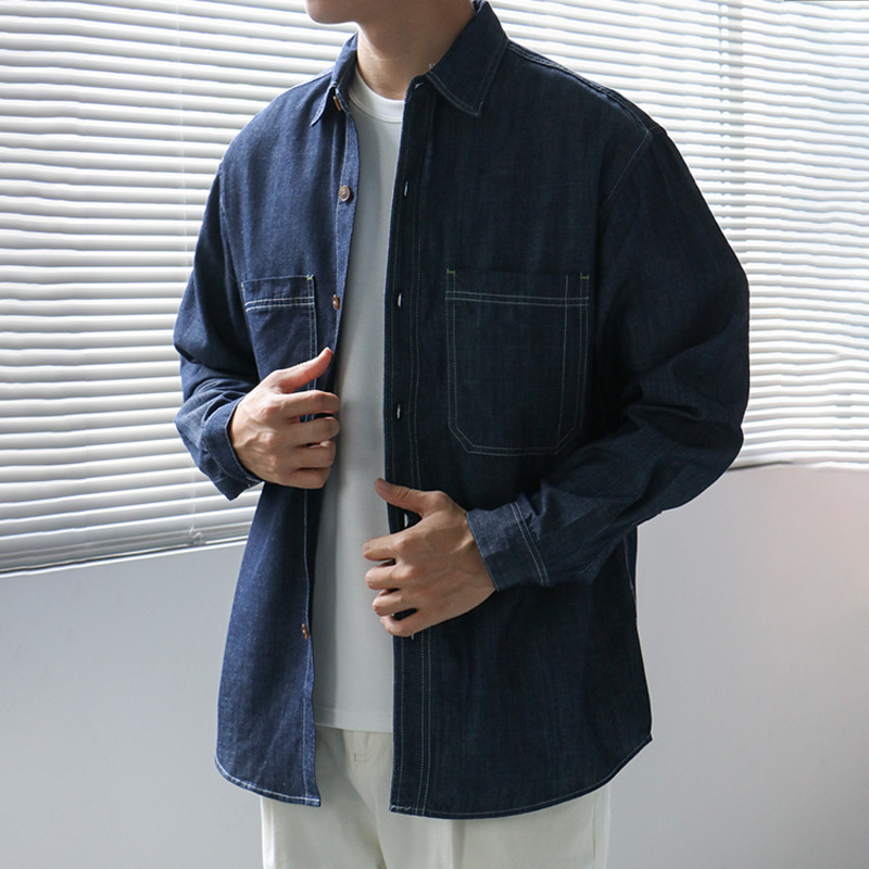 Nengmeng Washed Double Pocket Denim Shirt Men's Loose Pocket Retro Color Japanese Work Wear Autumn Jacket Shirt